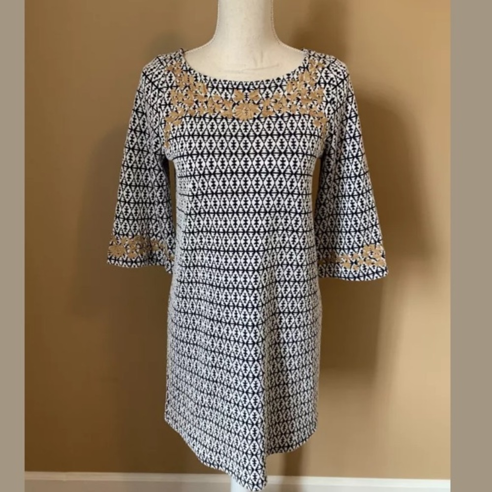 Anthro THML Small Ethnic Gold Embroidered Dress